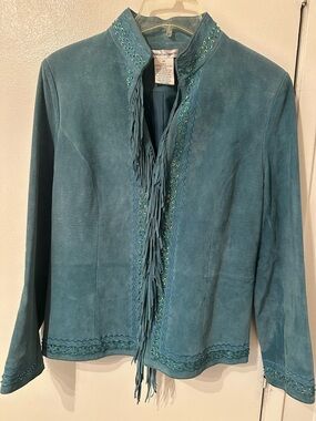 Fringed Teal Suede Leather Jacket - Women's